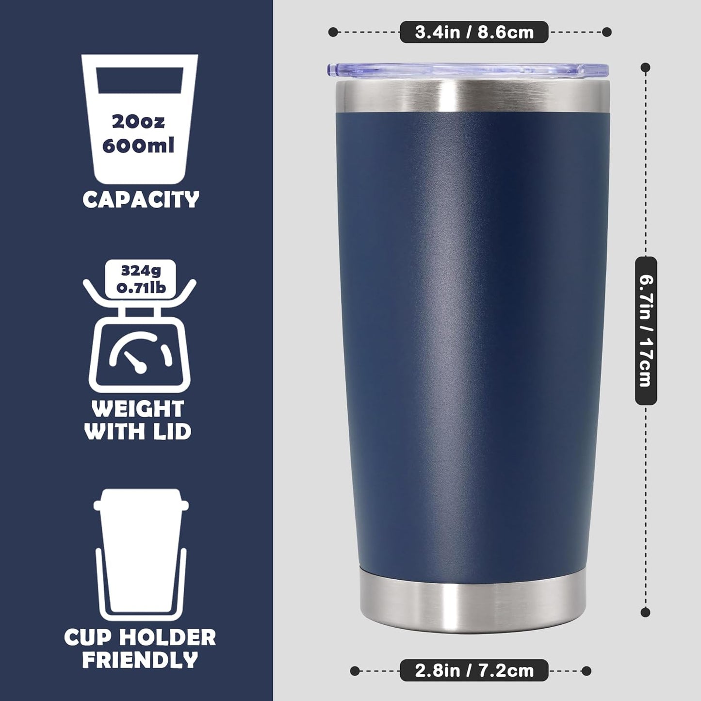 20oz Tumbler Stainless Steel Tumbler Cup with Lid Vacuum Insulated Double Wall Travel Mug, Durable Powder Coated Travel Coffee Tumbler Mug for Hot & Cold Drinks, Navy,4 Pack
