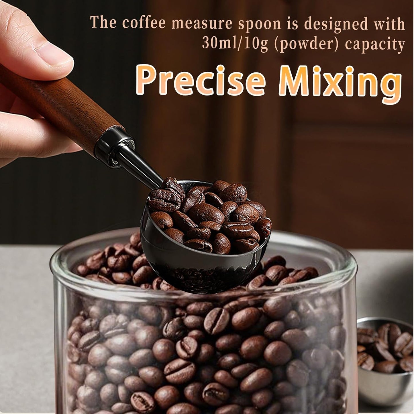 1pcs Coffee Scoop for Ground Coffee, Beans and Tea，Vintage Coffee Measuring Spoon with Long Wooden Handle 30ml/10g Capacity 304 Stainless Steel（Black)