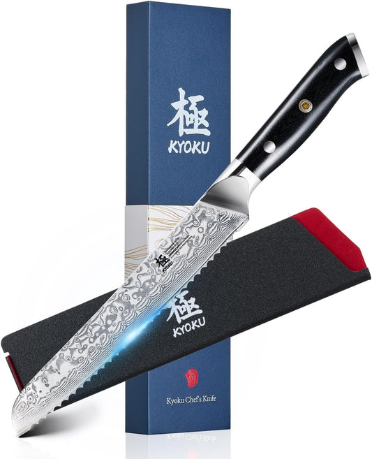 KYOKU 8" Serrated Bread Knife - Gin Series - VG10 Damascus Japanese Steel Kitchen Knife with Silver Ion Blade G10 Handle Mosaic Pin, Professional Razor-Sharp Bread Cutting Slicing