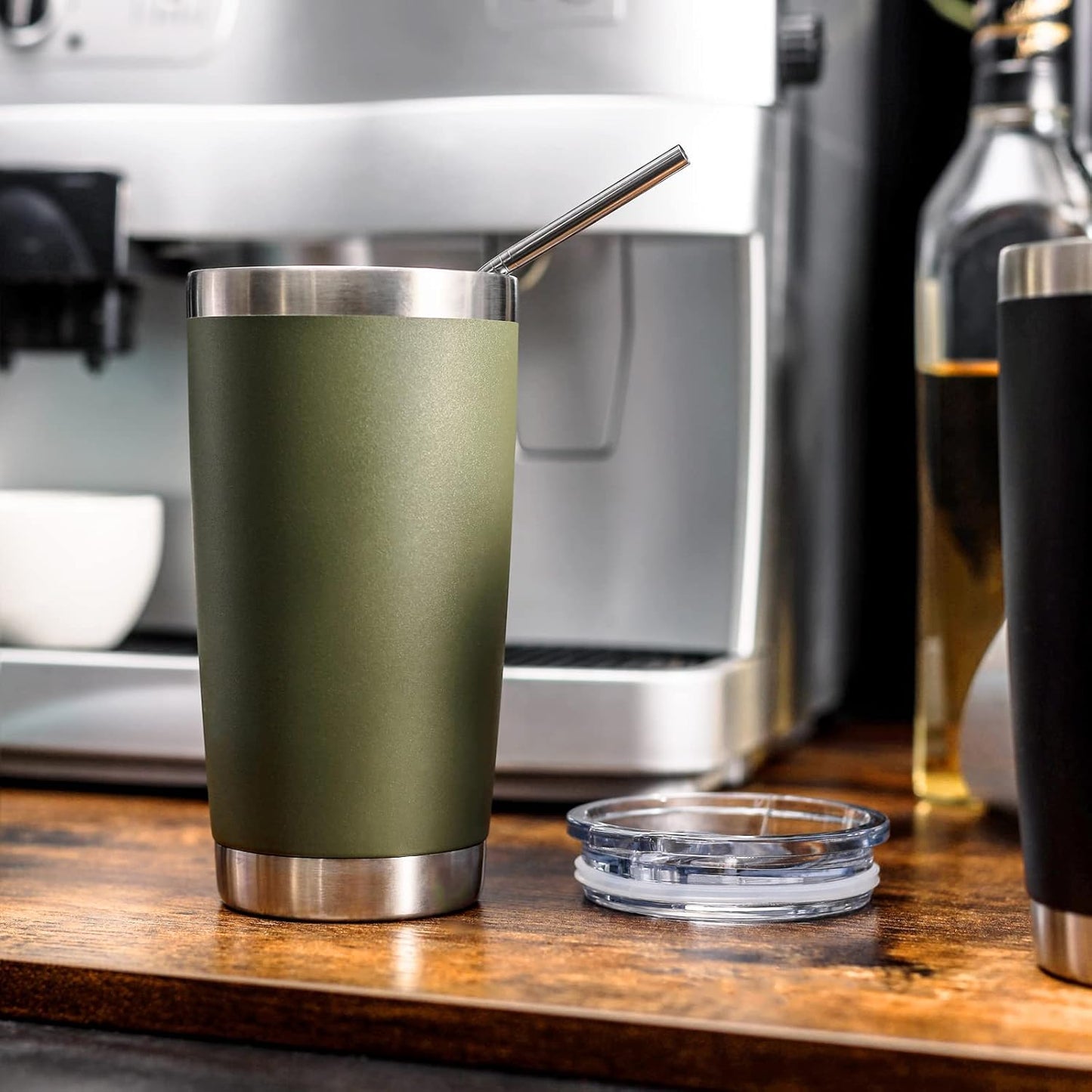 COMOOO 20oz Double Wall Vacuum Insulated Travel Mug, Stainless Steel Tumbler with Lid and Straw Durable Powder Coated Insulated Coffee Cup for Cold & Hot Drinks（Army Green, 6 Pack）