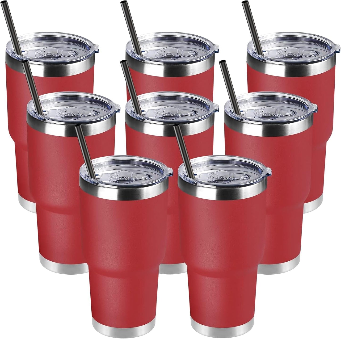 DOMICARE 30oz Tumbler Bulk with Lid and Straw, Double Wall Travel Coffee Mug, Insulated Vacuum Stainless Steel Tumblers, Powder Coated Tumbler Cup (Red, 8)