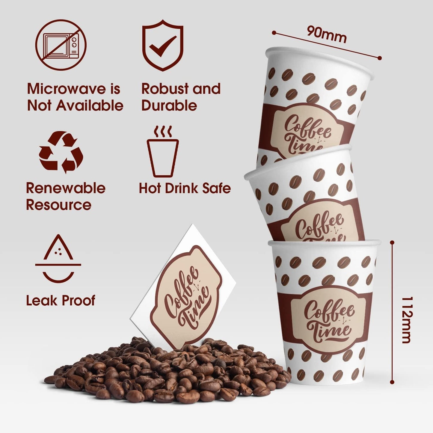 Ginkgo Coffee Cups with Lids 12 oz, 100 Pack Disposable To Go Coffee Cups for Cappuccino, Hot Beverages, Coffee, Cocoa, Chocolate - Coffee Time