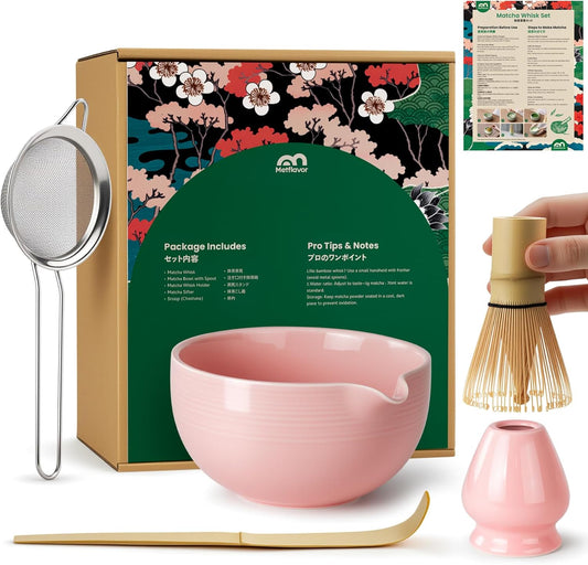 Matcha Whisk Set, Handcrafted Bamboo Chasen & Ceramic Bowl Matcha Kit, Complete 5 Pcs Matcha Set Whisk and Bowl W/Stainless Steel Sifter, Bamboo Scoop & Holder for Matcha Tea Ceremony (Sakura Pink)