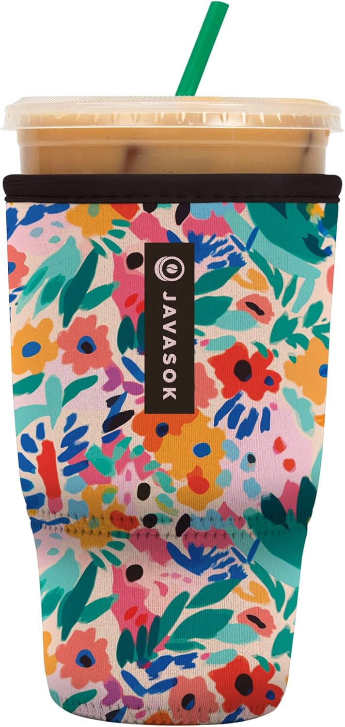 Sok It JavaSok Iced Coffee & Cold Soda Insulated Neoprene Cup Sleeve (Abstract Floral, Large: 30-32oz)