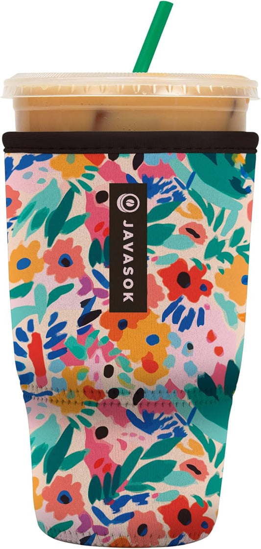 Sok It JavaSok Iced Coffee & Cold Soda Insulated Neoprene Cup Sleeve (Abstract Floral, Large: 30-32oz)