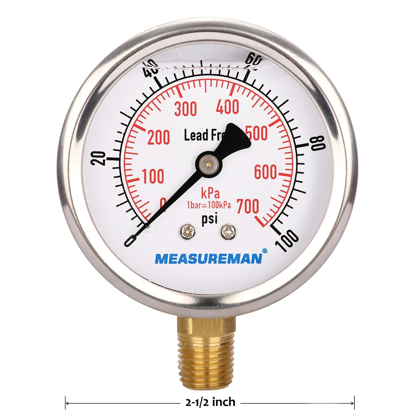MEASUREMAN Lead-Free Pressure Gauge, 2-1/2inch Dial, Glycerin Filled, 0-100psi/kpa, Stainless Steel Case, 1/4inchNPT Lower Mount