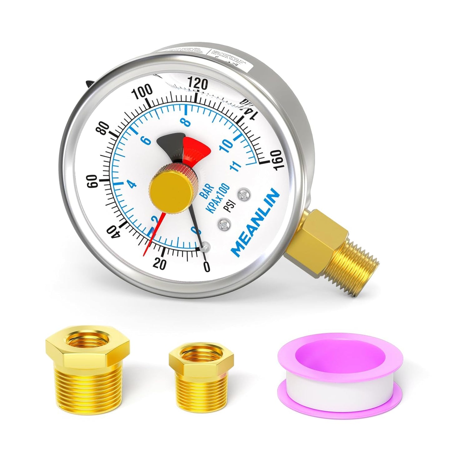 MEANLIN MEASURE 0~160Psi Stainless Steel 1/4" NPT 2.5" FACE DIAL with Reset Pointer Liquid Filled Pressure Gauge WOG Water Oil Air, Lower Mount, with 1/8" x 1/4" NPT and 1/8" x 3/8" NPT Hex Bushing