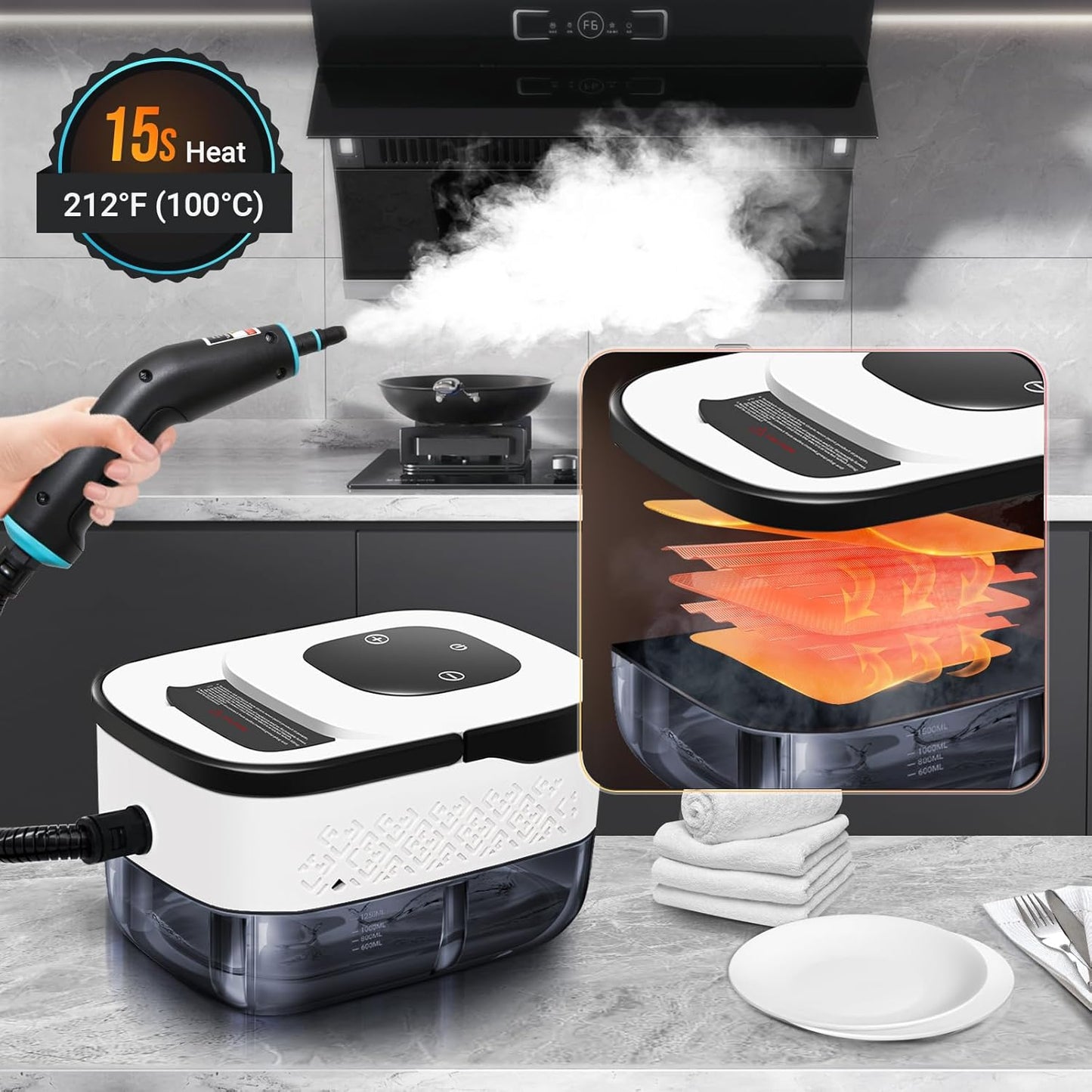 Handheld Pressurized Steam Cleaner. 4Bar for Home, Kitchen, Bathroom, 15s Heat-Up, 6 Adjustable Levels, Large 42.27oz Tank, Portable Steamer for Tile, Grout, Floor, Shower, Walls with 12 Accessories