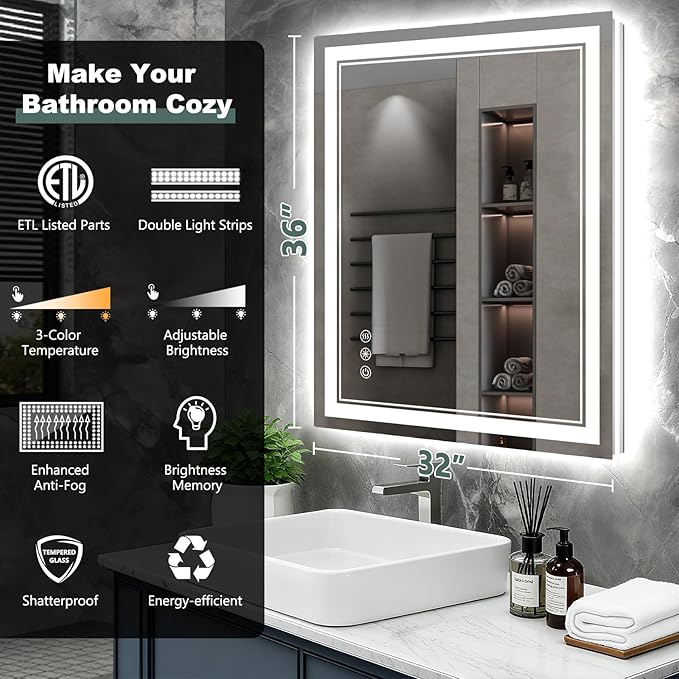 36x32 Inch LED Bathroom Mirror - Image 2