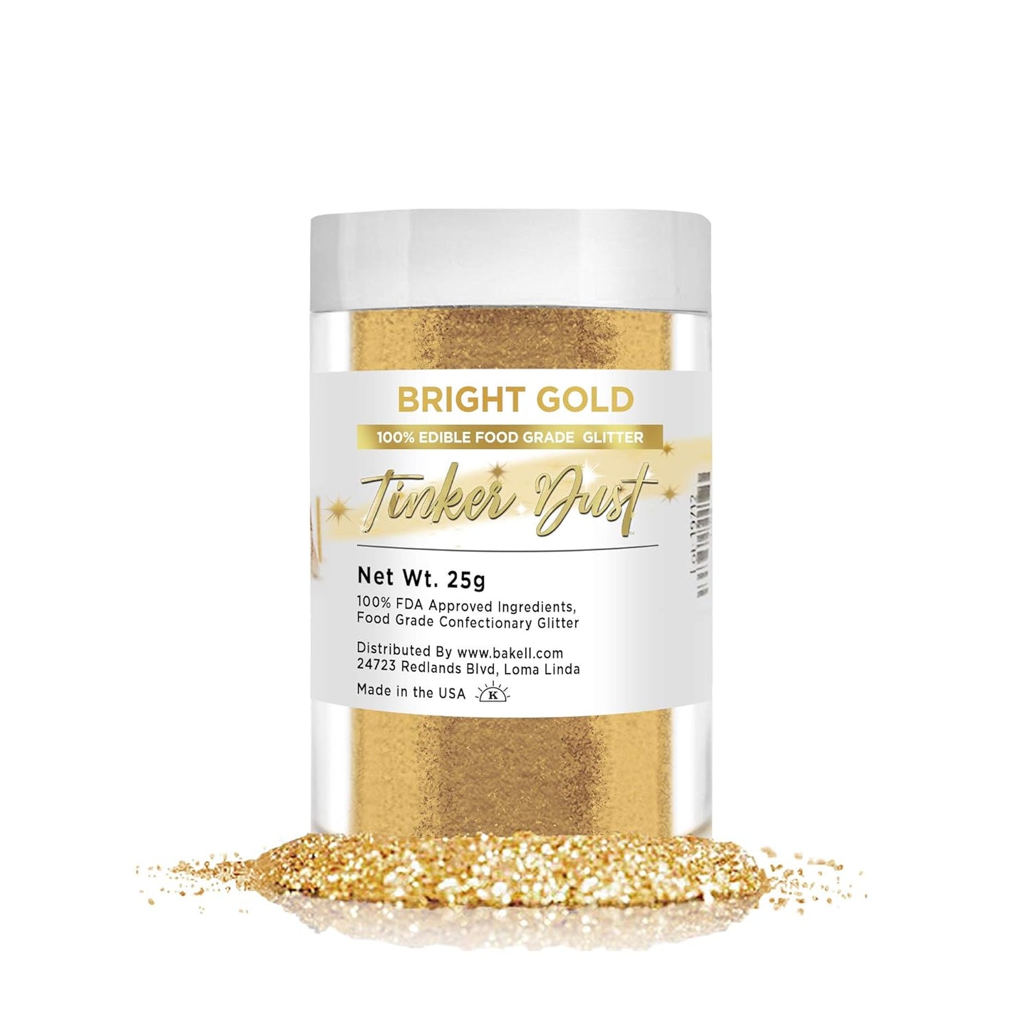 BAKELL Bright Gold Edible Glitter, 25 Grams | TINKER DUST Edible Glitter | KOSHER Certified | 100% Edible Glitter | Cakes, Cupcakes, Cake Pops, Drinks, Dessert Vegan Glitter & Dusts (25g, Bright Gold)