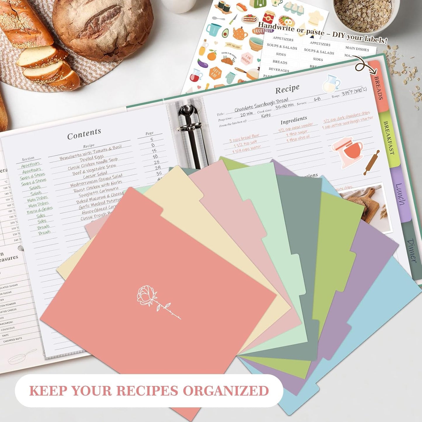 Lanpn Recipe Binder 8.5x11 3 Ring Kit, Blank Organizer Recipe Binder Waterproof Cookbook to Write in Your Own Recipes with 60 Plastic Sleeves,116 Recipes, Dividers,Labels & Stickers, Pink