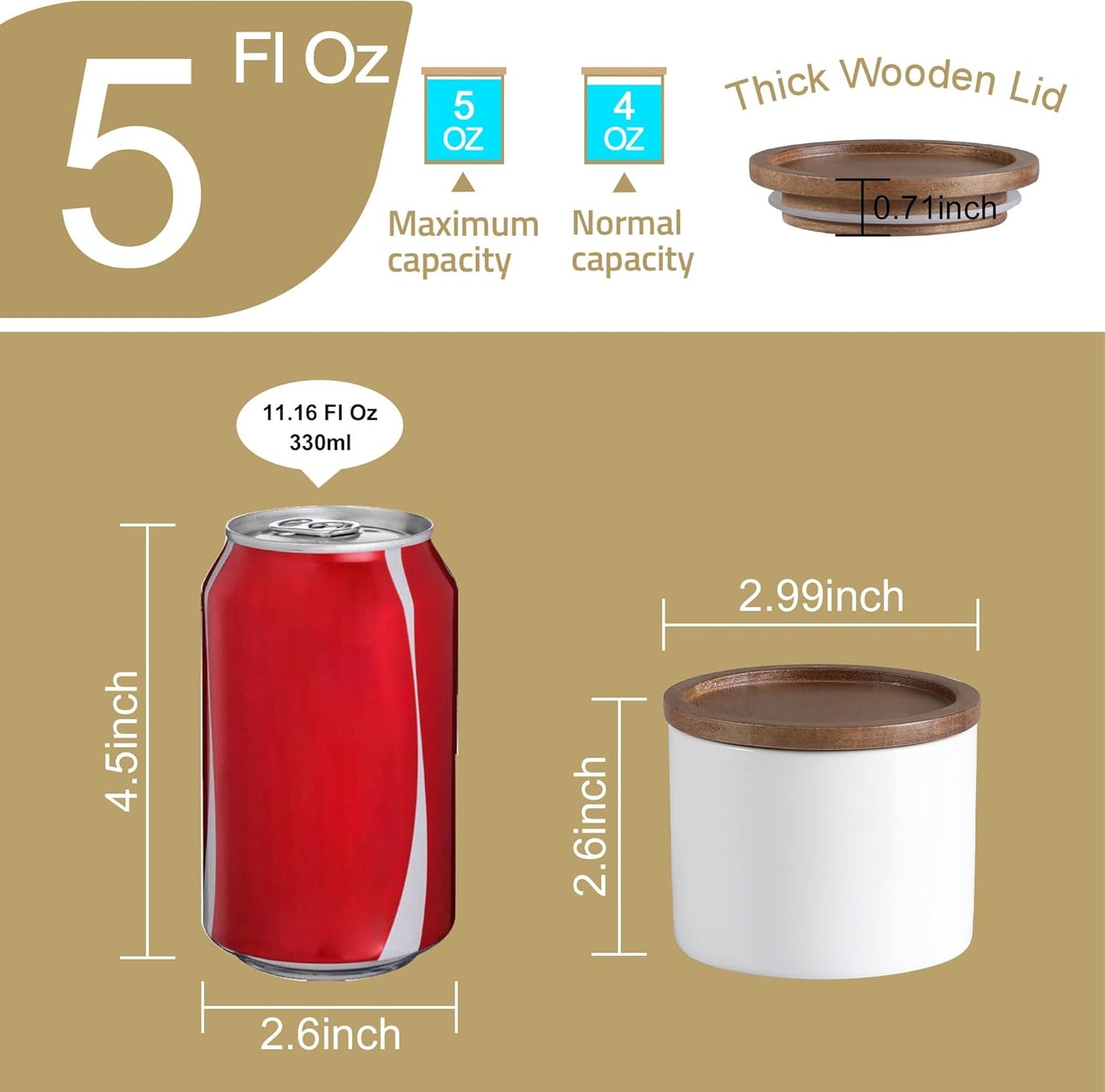 Sweejar Kitchen Canisters Ceramic Food Storage Jar, Stackable Containers with Airtight Seal Wooden Lid for Serving Ground Coffee, Tea, Sugar, Spice and More - 5 Fl Oz(White Acacia)