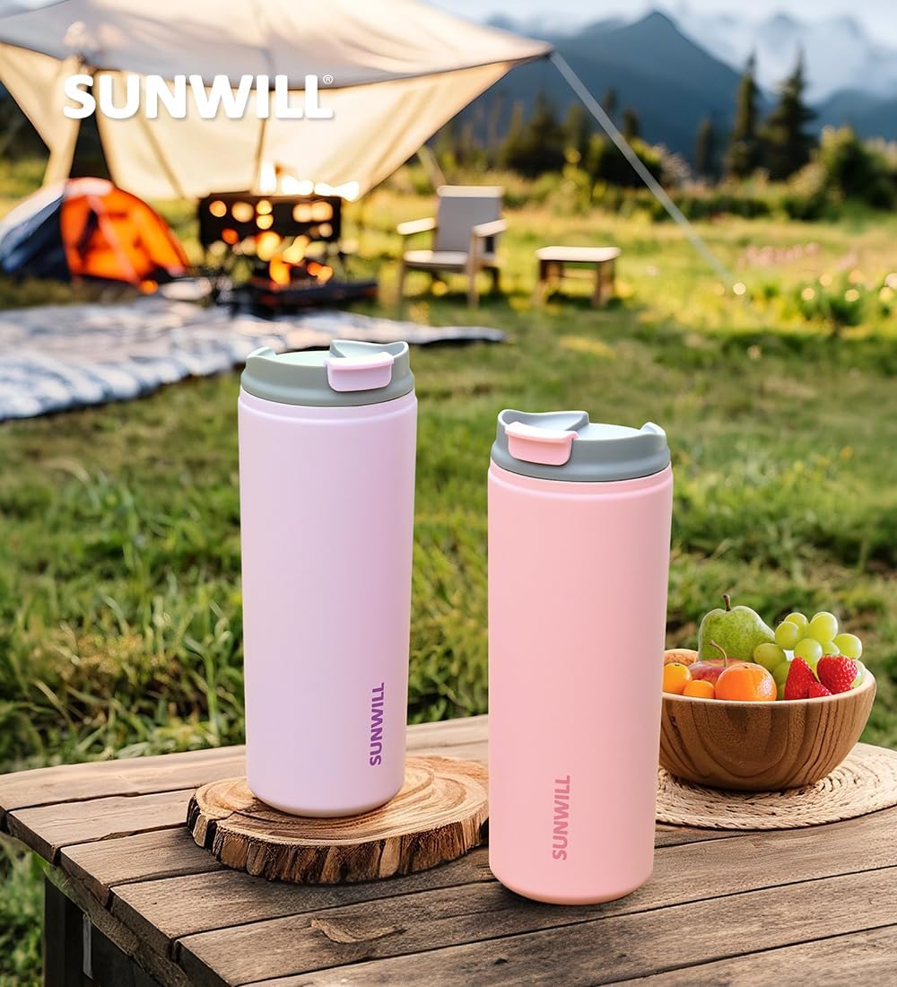 SUNWILL Travel Coffee Mug with Lid, Leak Proof Tumbler Stainless Steel, 16 oz Insulated Cup for Water, Tea, Ice, Powder Coated Lavender