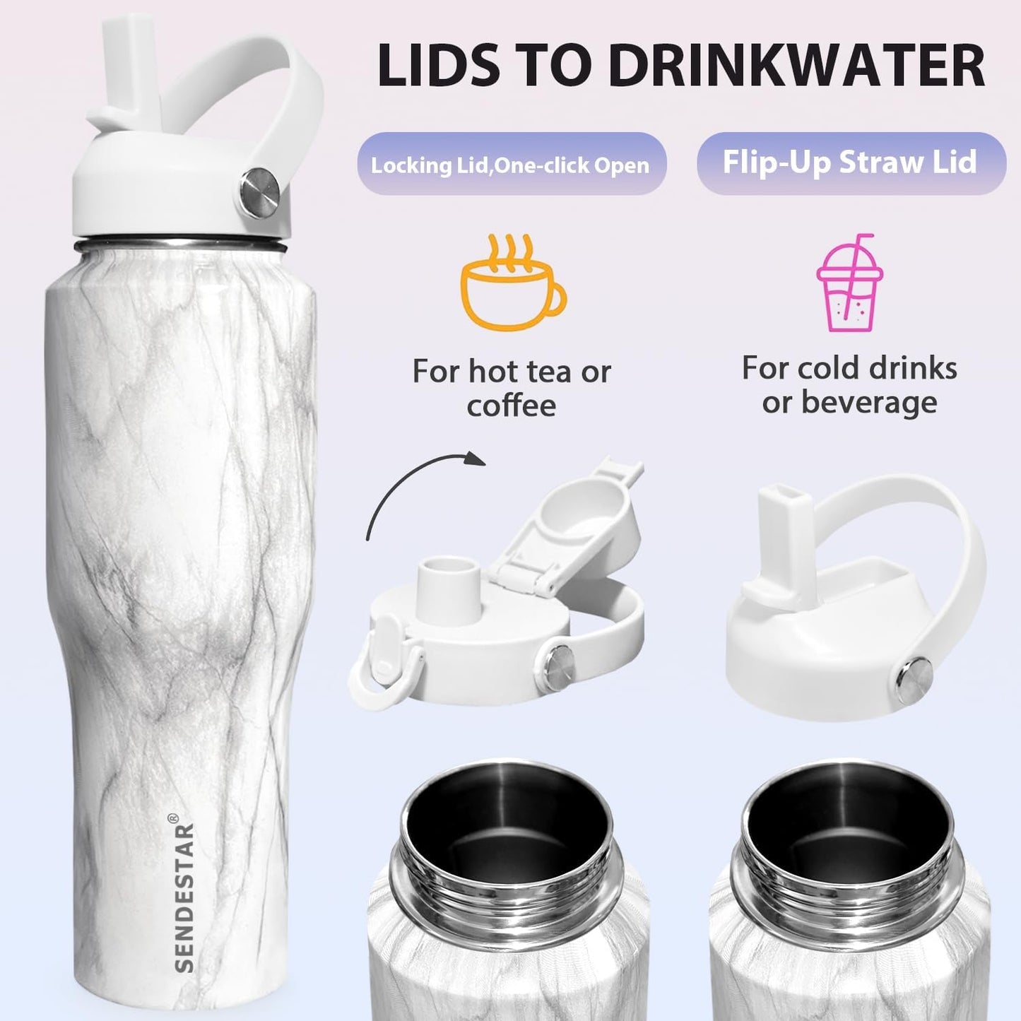 SENDESTAR 40oz Stainless Steel Water Bottle(Cold for 48 Hrs, Hot for 24 Hrs),Double Wall Vacuum Insulated Bottle with Straw Lid, Spout Lid and Flex Cap, Fit in Any Car Cup Holder TXIN-40-Marbling