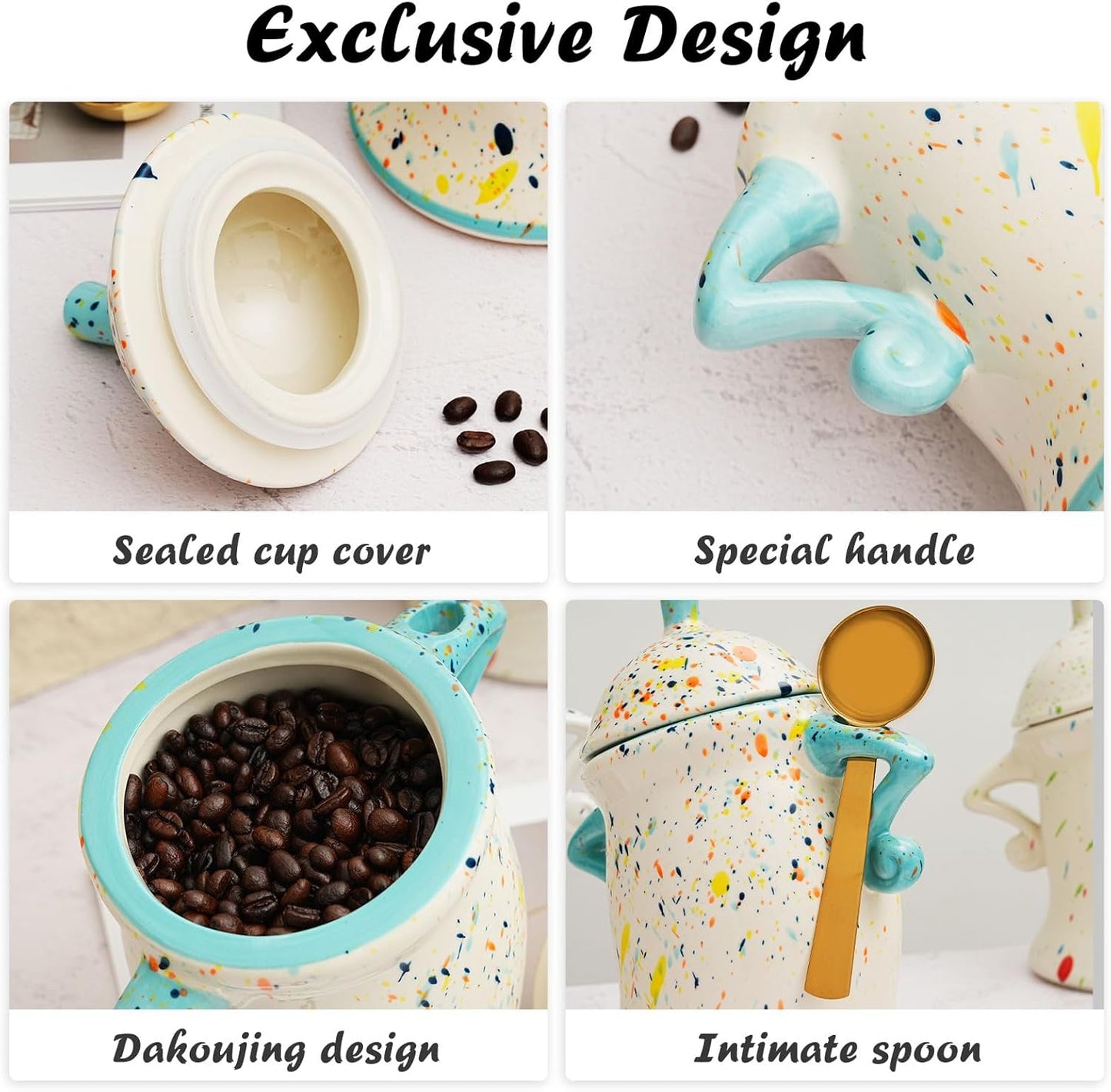 Canister With Attitude,Large Capacity Cute Sassy Storage Canister,Interesting food jars, stylish airtight large ceramic lids, coffee, tea, sugar and spice storage jars with spoons (Colour)