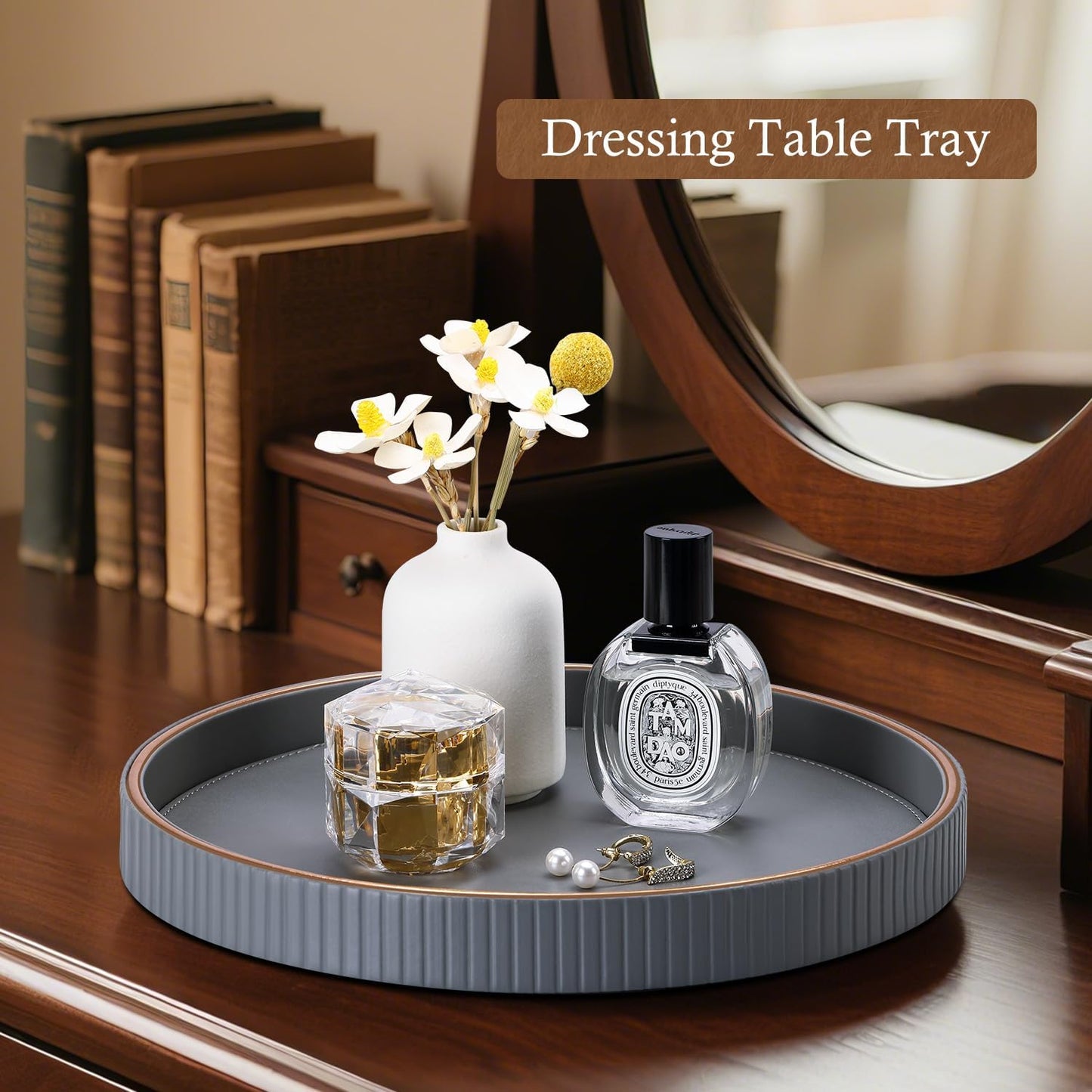 GORESE Round Coffee Table Tray for Home Decor, 12" PU Leather Decorative Serving Trays Table Centerpiece for Kitchen Island, Perfume Trinket Trays for Dresser, Ottoman Tray Nightstand Organizer, Gray