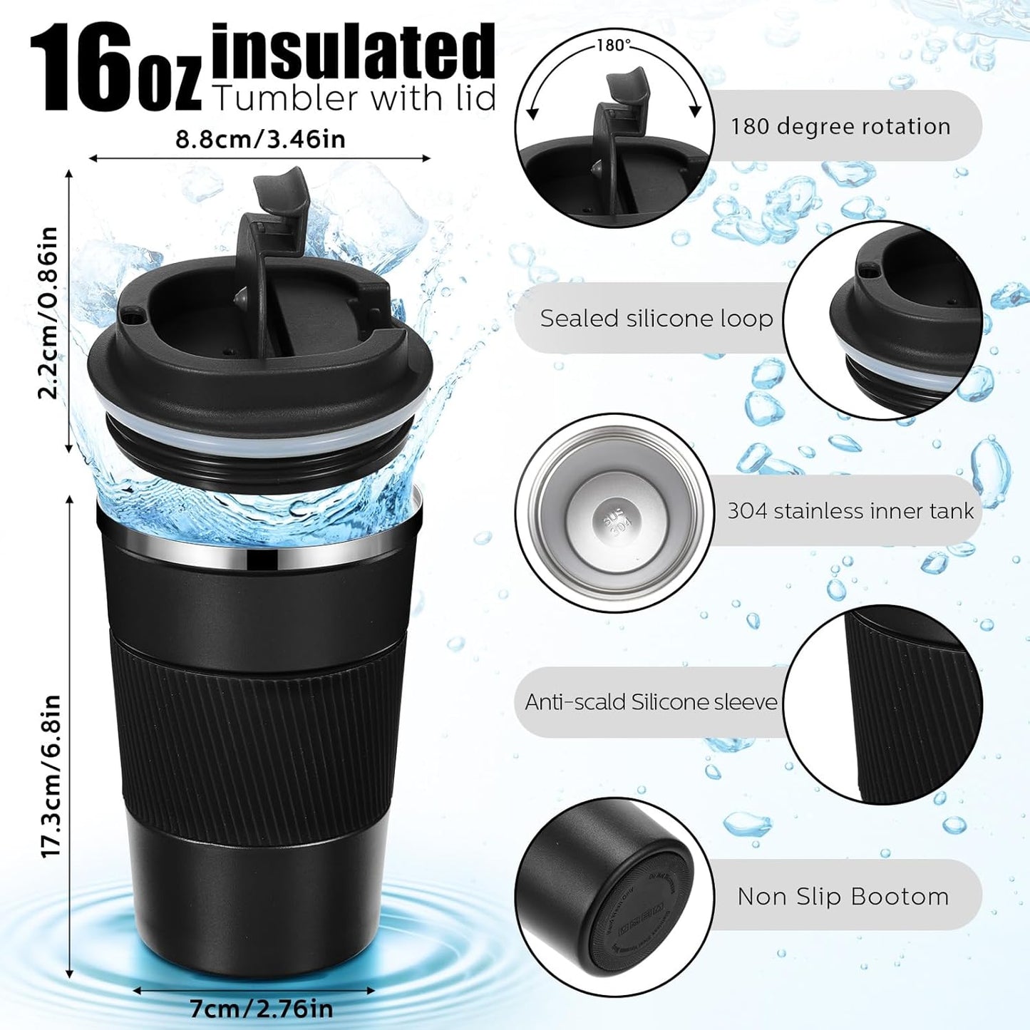 Sabary 4 Pack 16 oz Bulk Travel Coffee Mug with Lid Reusable Vacuum Insulated Coffee Tumbler Double Wall Thermal Stainless Steel Camping Tea Cup for Christmas Winter Drinks Employee Gift(Black)