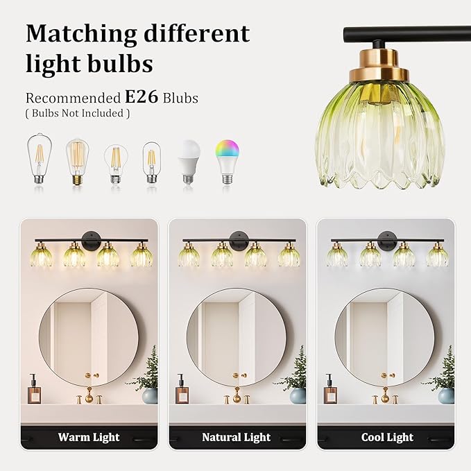 TALOYA Bathroom Vanity Light Fixtures, 4-Light Modern Black and Gold Wall Lights - Image 7