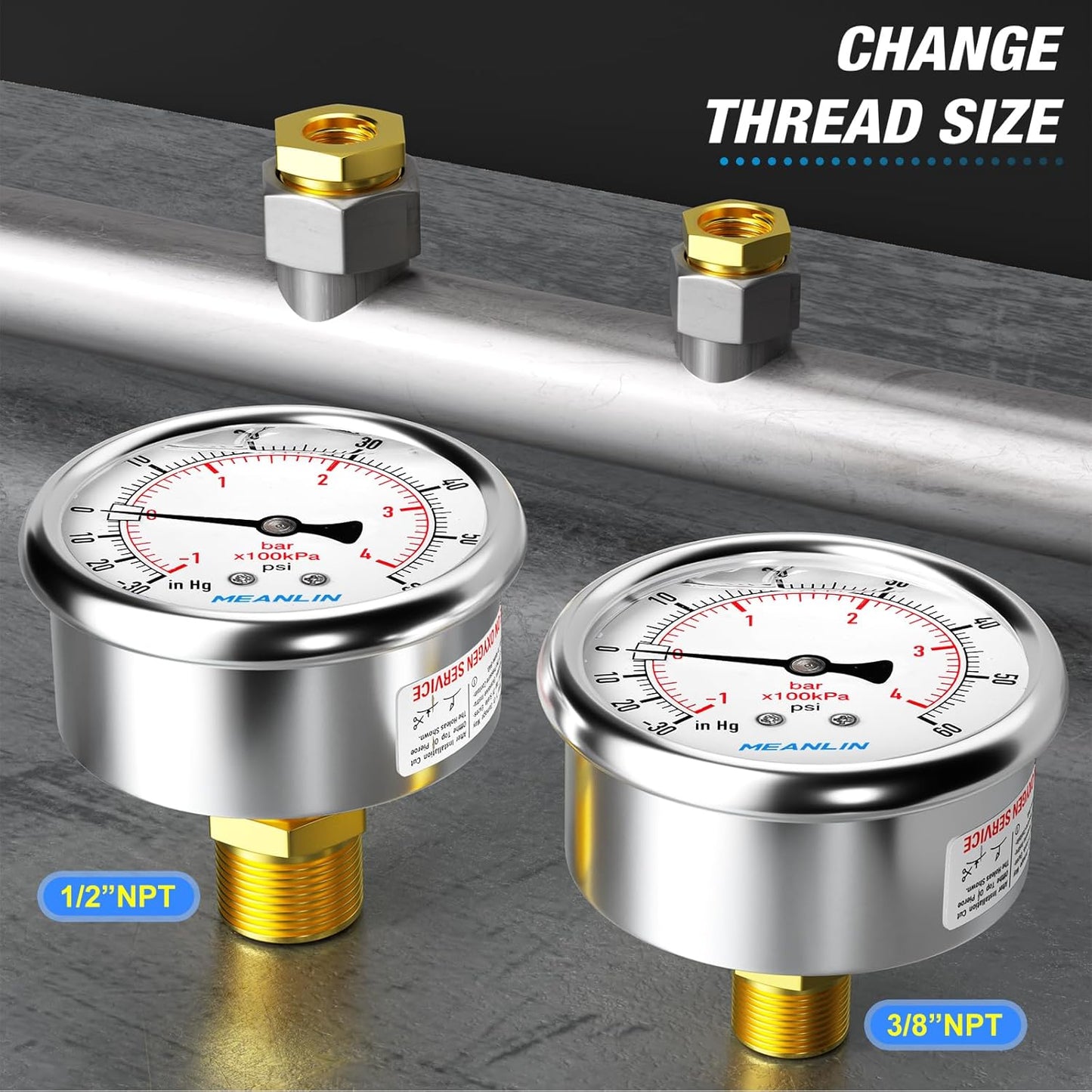 MEANLIN MEASURE -30inHG~60Psi Stainless Steel 1/4" NPT 2.5" FACE DIAL,Vacuum Pressure Gauge,Center Back Mount, with 1/4" x 1/2" NPT and 1/4" x 3/8" NPT Hex Bushing