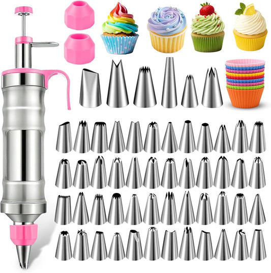 NOVANO Dessert Decorating Syringe Set, Frosting Piping Kit Stainless Steels Cake Decorating Kit with 54 Piping Tips & 9 silicone cupcakes, Cupcake Decorating Kit Piping Bags and Tips Set