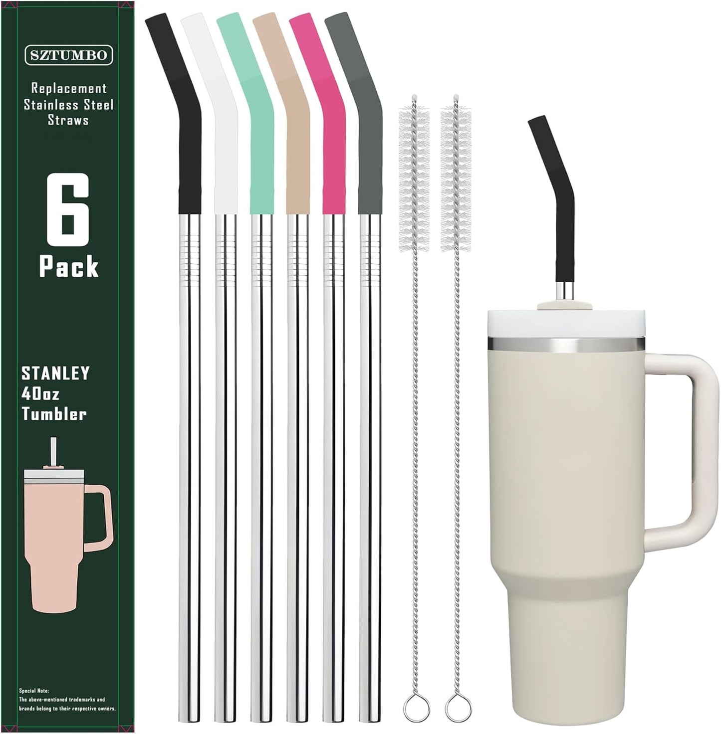 6 Pack 12 Inch Reusable Metal Stainless Steel Straight Straw,with 6Silicone Tips and 2Cleaning Brush for Simple Modern 32,40oz Tumbler,40oz Stanley, 24 oz Starbucks Cup(8mm Silver)