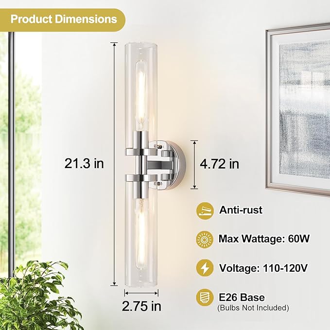 Indoi Wall Sconces Set of Two, Hardwired Chrome Bathroom Sconces Wall Lighting - Image 4