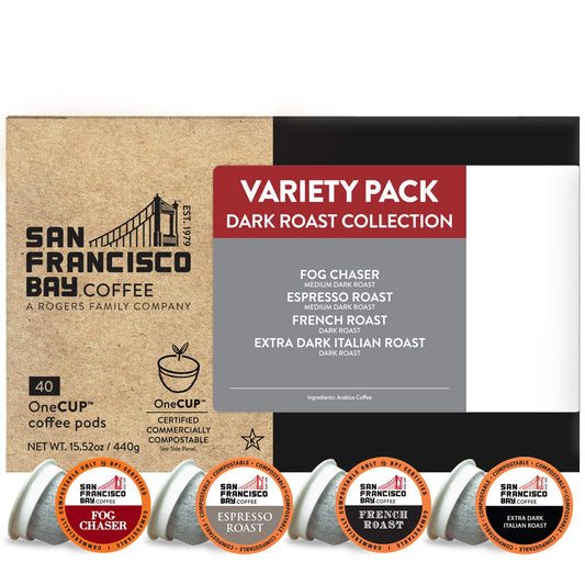 San Francisco Bay Coffee - Dark Roast Variety Pack (40 ct) - Fog Chaser, Espresso Roast, French Roast, & Extra Dark Italian - Single Serve Coffee Pods, Commercially Compostable, K Cup Compatible