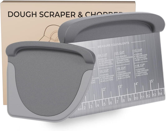 2 IN 1 Upgrade Bench Scraper, Dough Scraper for Pastry Bread Cake Pizza, Stainless Steel Dough Cutter with Conversion Chart & Measuring Scale, Bowl Scraper Food Scraper for Kitchen Baking, Gray