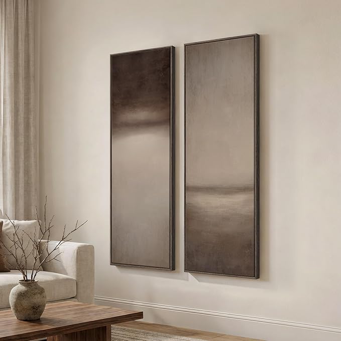 Long Narrow Framed Brown and Beige Neutral Abstract Vertical Wall Art, - Image 2