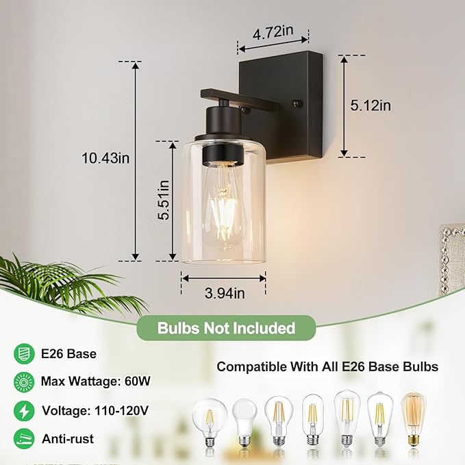 Indoi Set of 2 Wall Sconces for Bathroom, Matte Black Modern Vanity Lights - Image 8