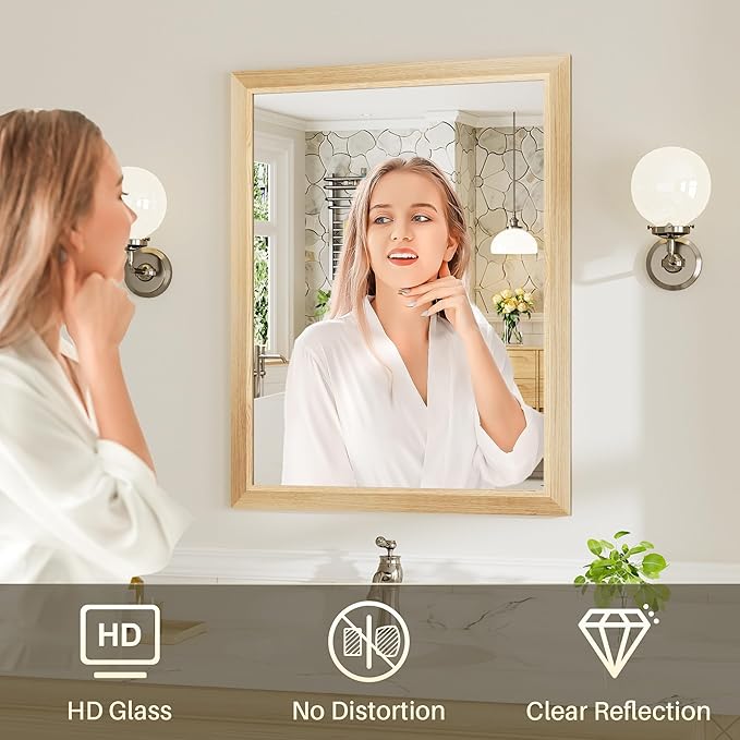 22x30 Inch Bathroom Mirror for Wall, Anti-Rust Oak Wood Grain Metal Framed - Image 6