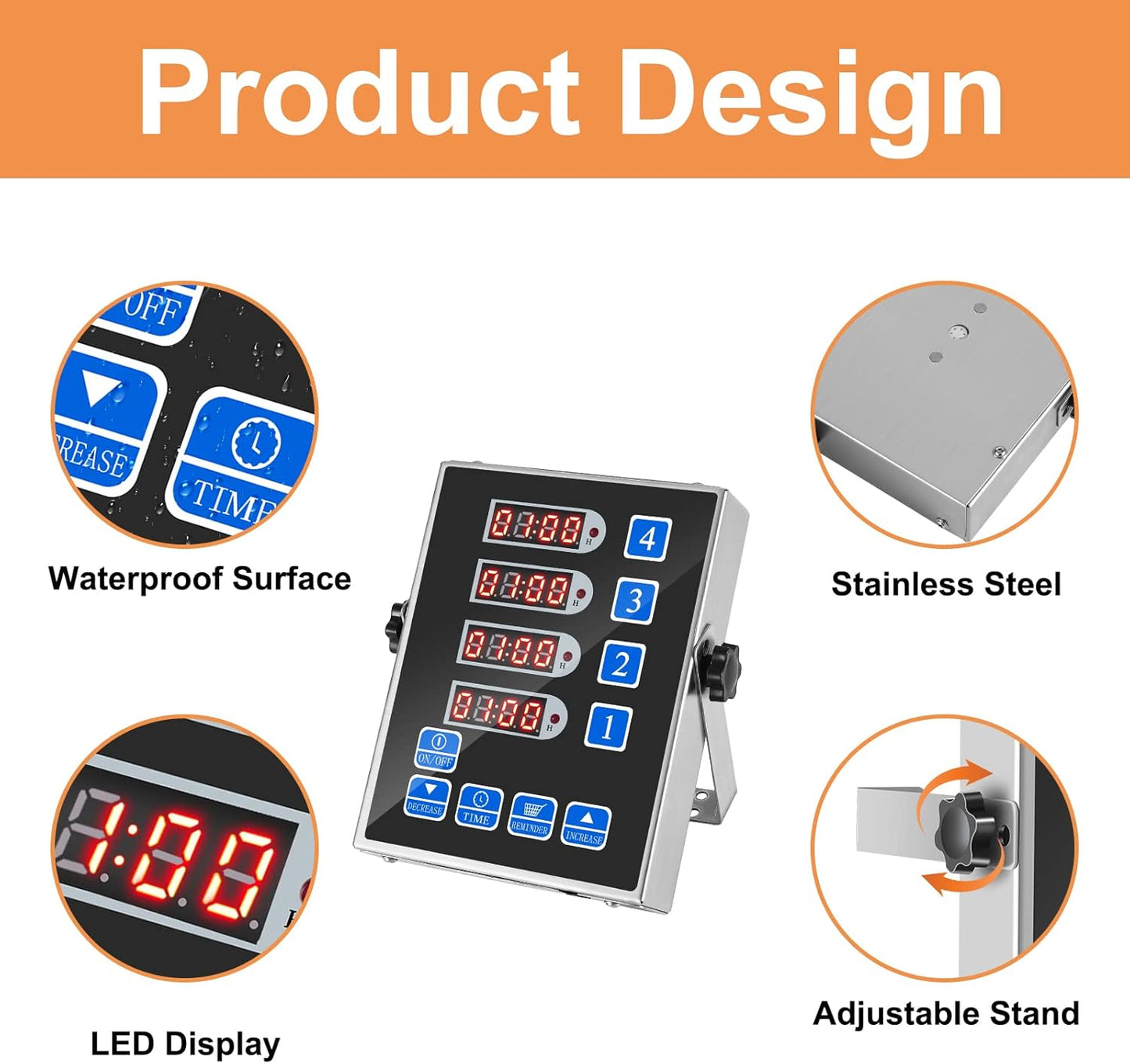 Kitchen Timers for Cooking – 4 Channel Commercial Kitchen Timer Restaurant Kitchen Supplies – Stainless Steel LED Technology Kitchen Timer Digital – Reminder Function, Loud Alarm, Black