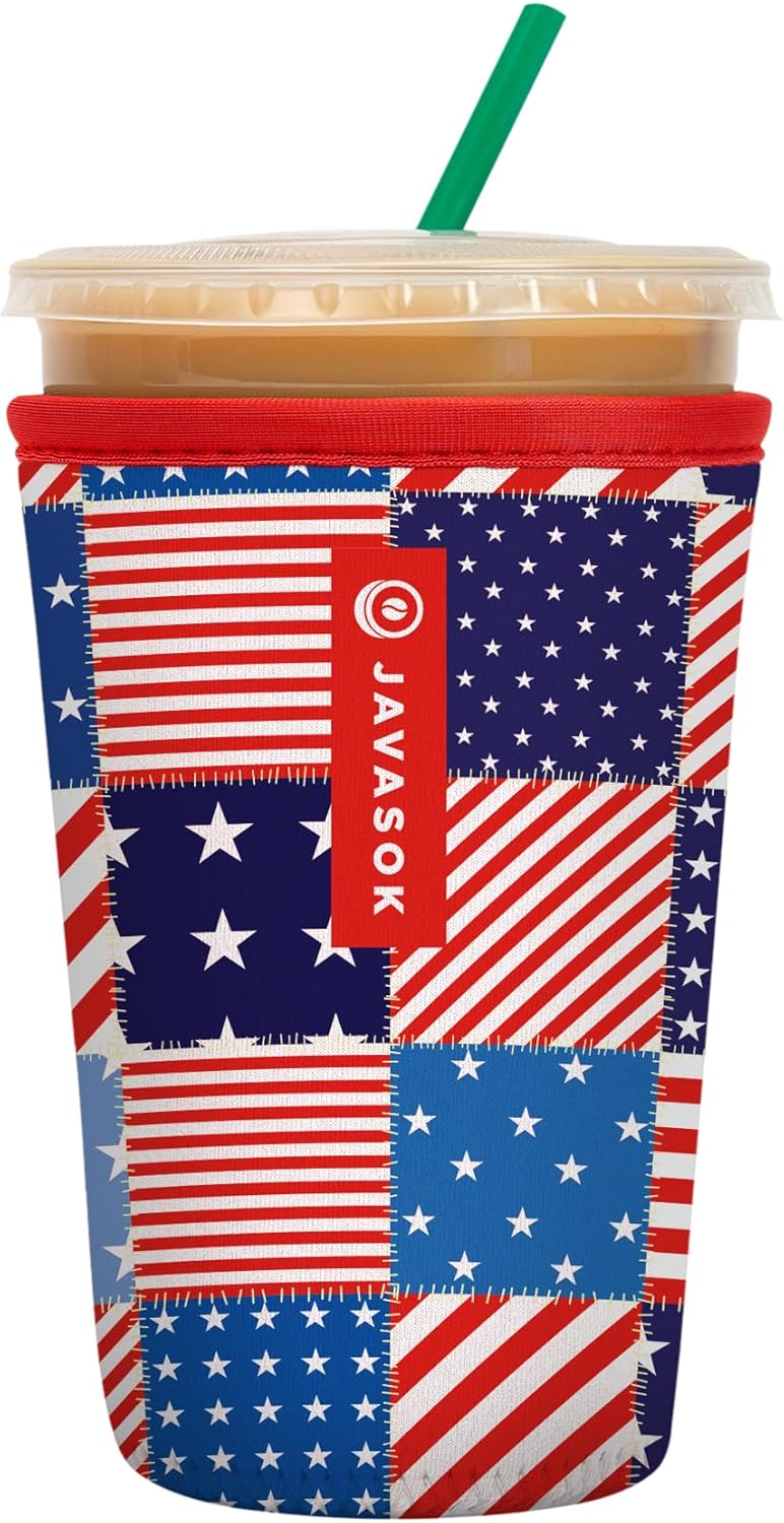 Sok It JavaSok Iced Coffee & Cold Soda Insulated Neoprene Cup Sleeve (Patriotic Patchwork, Medium: 22-28oz)