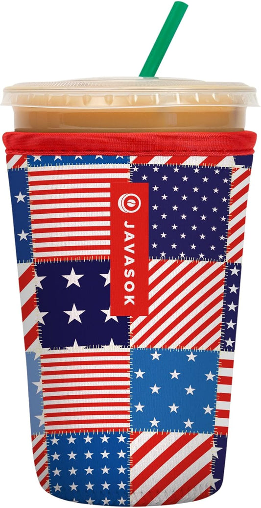 Sok It JavaSok Iced Coffee & Cold Soda Insulated Neoprene Cup Sleeve (Patriotic Patchwork, Medium: 22-28oz)
