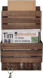 Unistyle Mail Organizer with 4 Hooks, Rustic Brown Wall Mount, Cedar Wood Key - Image 2