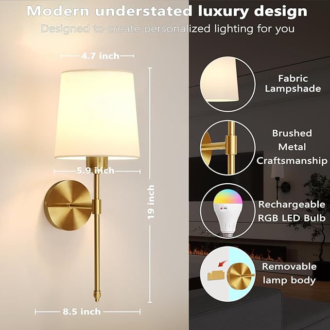 Ouyulong Battery Operated Wall Sconces Set of 2, Wireless Rechargeable Dimmable - Image 4