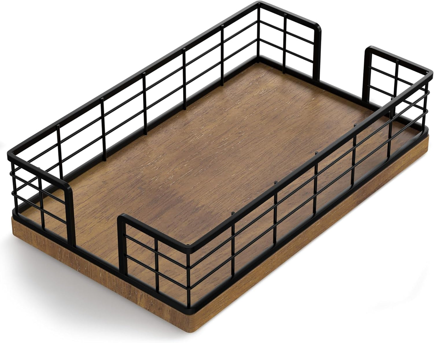 Wican Guest Towel Holder Tray for Bathroom, Oak and Iron Napkins Holder for Powder Room Dinning Table Wooden Basket for Disposable Paper Hand Towels Black and Brown