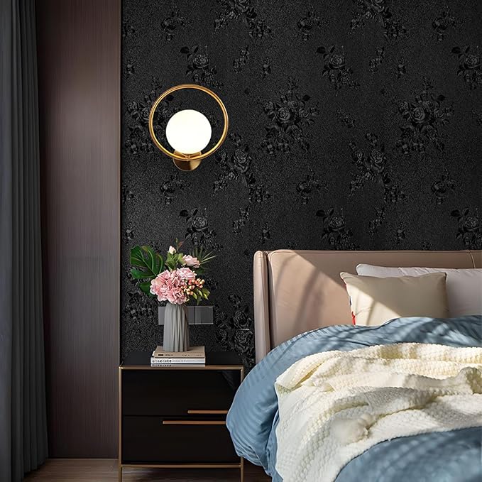 Black Peel and Stick Wallpaper Floral Black Wallpaper 17.7inch x 118.1inch - Image 3