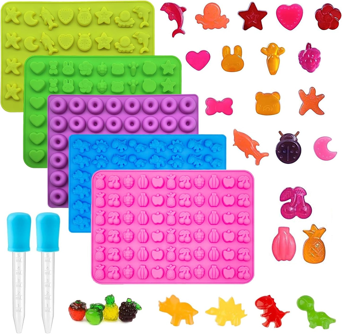 Gummy Candy Molds - Silicone Gummy Dinosaur/Marine Animal/Donut/Small Hearts Shapes/Fruit Snack Mold for Kids with 2pcs Dropper,Non-stick and Bpa Free for Mini Candy Chocolate Gummies Baking