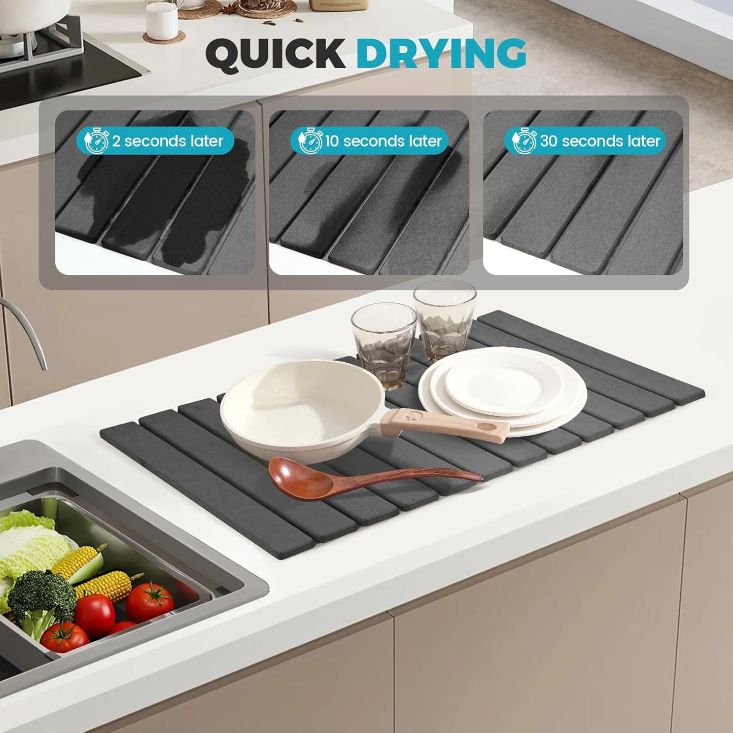 Extral Large Quick Dry Stone Drying Mat for Kitchen Counter,28"(L)x16"(W) Collapsible Eco-Friendly Absorbent Diatomaceous Earth Mat for Dishes Cups,Dish Drying Mats for Any Countertop ﻿