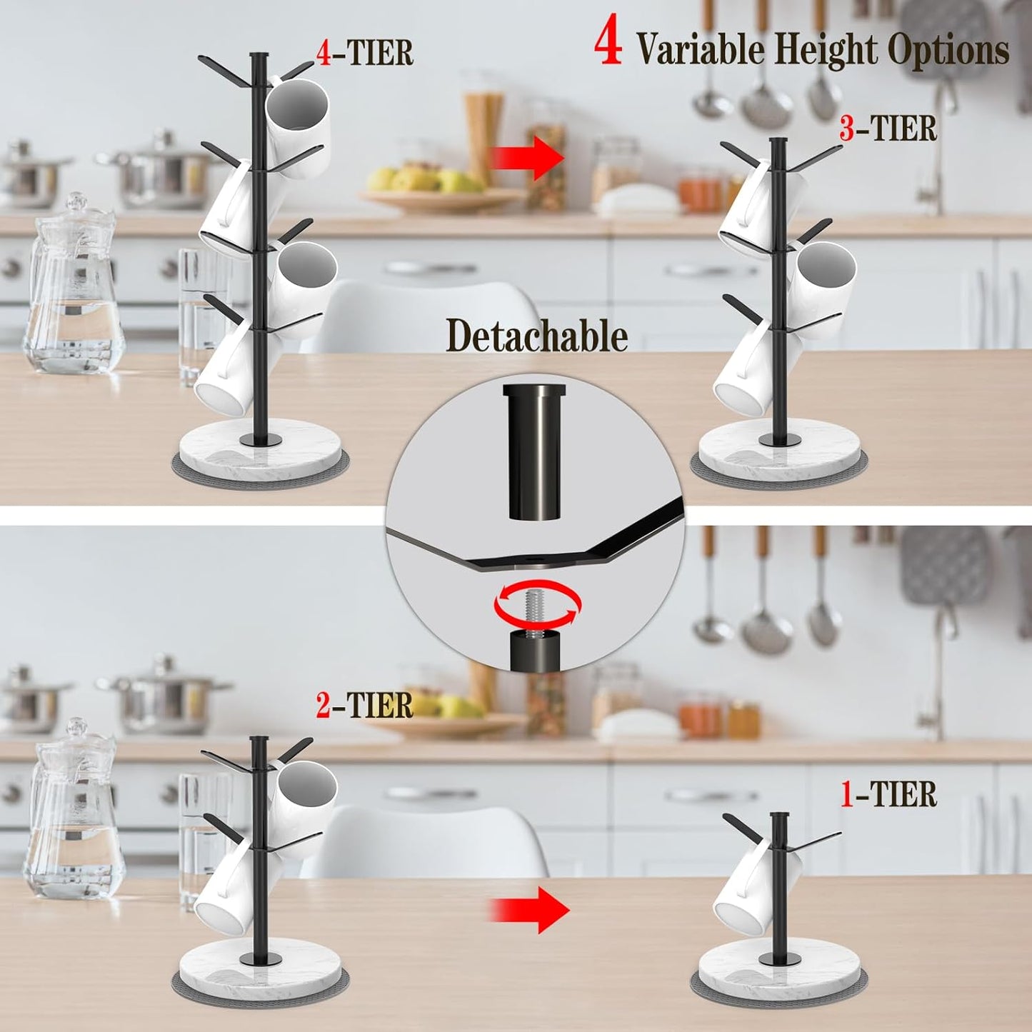 Marble Mug Holder Tree, 8 Hooks Coffee Cups Stand, New Upgraded Stable Mug Stand for Kitchen Counter Cabinet Cafe Black