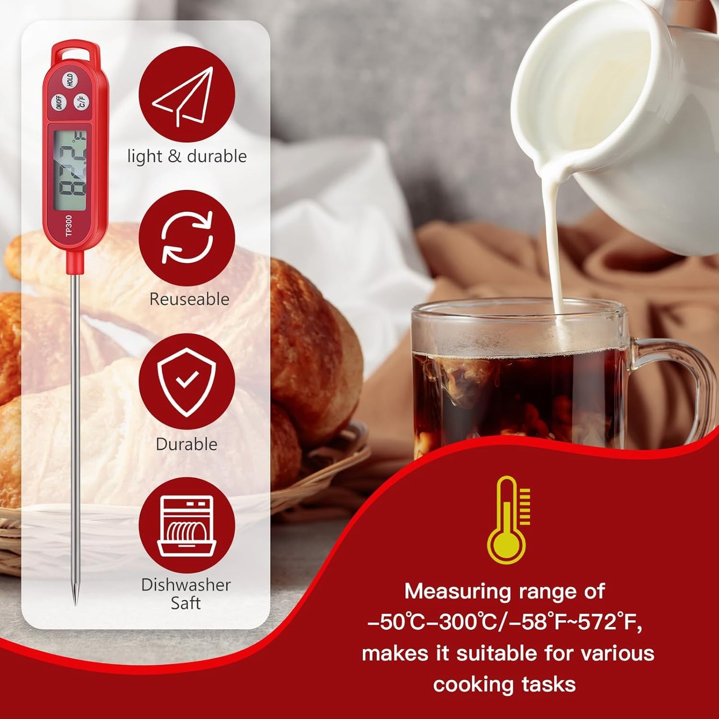 8 Pcs Meat Food Thermometer Food with Probe Water Liquid Instant Read Digital Thermometer Kitchen Cooking Supplies for Cooking BBQ Milk Yogurt (Red,Black,Pink,Blue)