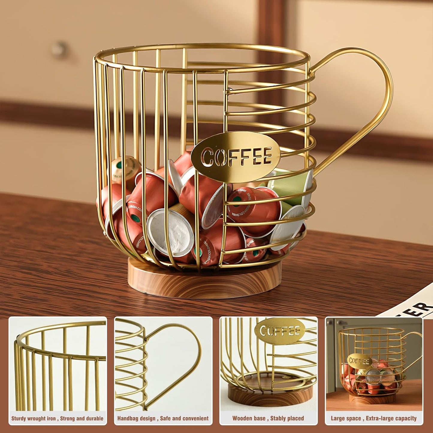 Coffee Pod Holder,Bar Accessories - Espresso Pod Holder - Large Capacity Black Wire Coffee Basket With Wooden Base