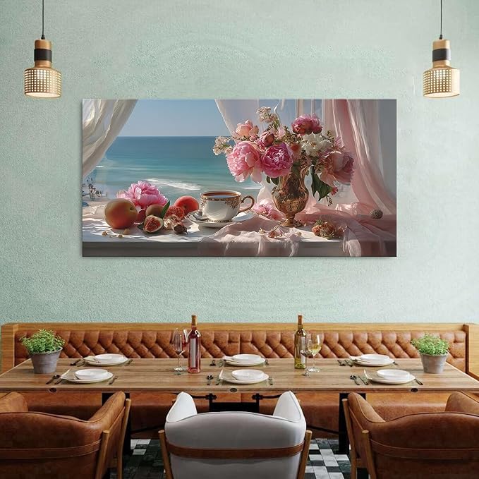Vintage Pink Flower Wall Art Retro Flowers in Golden Vase Pictures Blue Ocean - Image 4