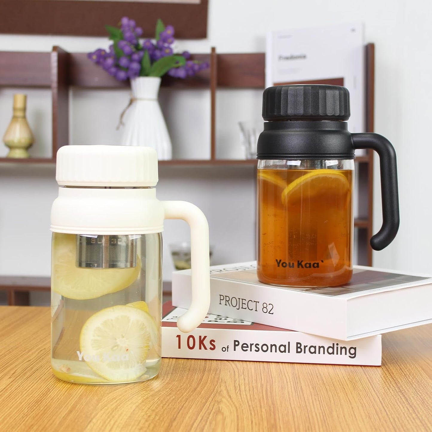 32oz Glass Water Bottle, Tea Bottle with Infuser & Handle, BPA-Free Leakproof Wide Mouth Large Tea Infuser Bottle for Hot or Cold Drinks, Loose Tea, Fruit (White)