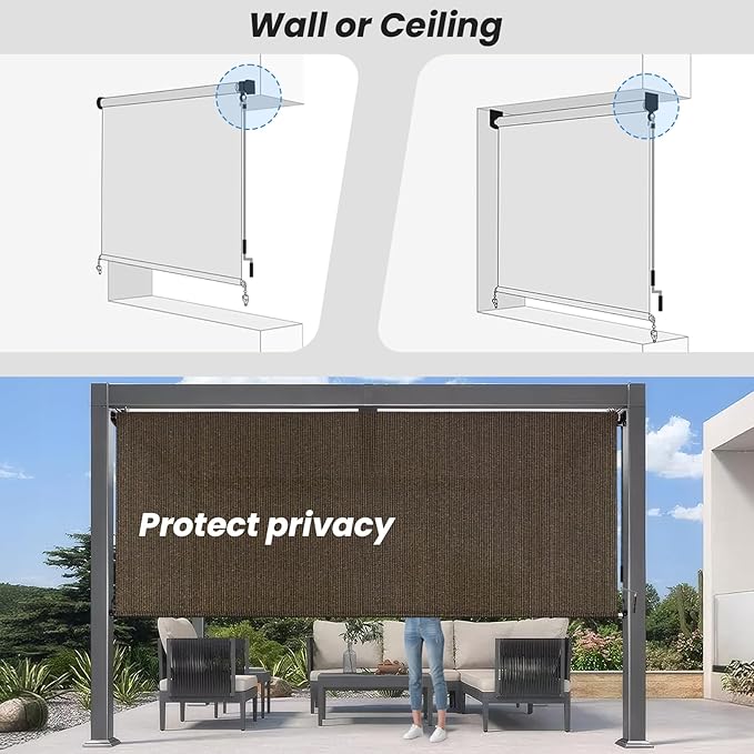 6'W x 6'H Mocha Patio Shades Roll up Outdoor Roller Shade Crank Wand Blind - Image 6