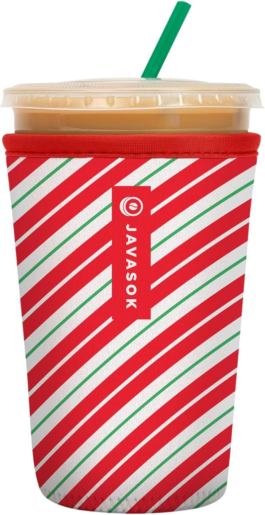 Sok It JavaSok Iced Coffee & Cold Soda Insulated Neoprene Cup Sleeve (Candy Cane Stripes, Medium: 22-28oz)