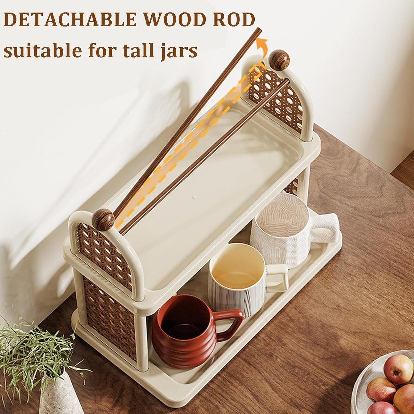 2-Tier Rattan Organizer Vintage Coffee Mug Cup Holder for Countertop Kitchen Bedroom and Living Room, Saucer Bottle Storage Kitchen Accessories (Black)