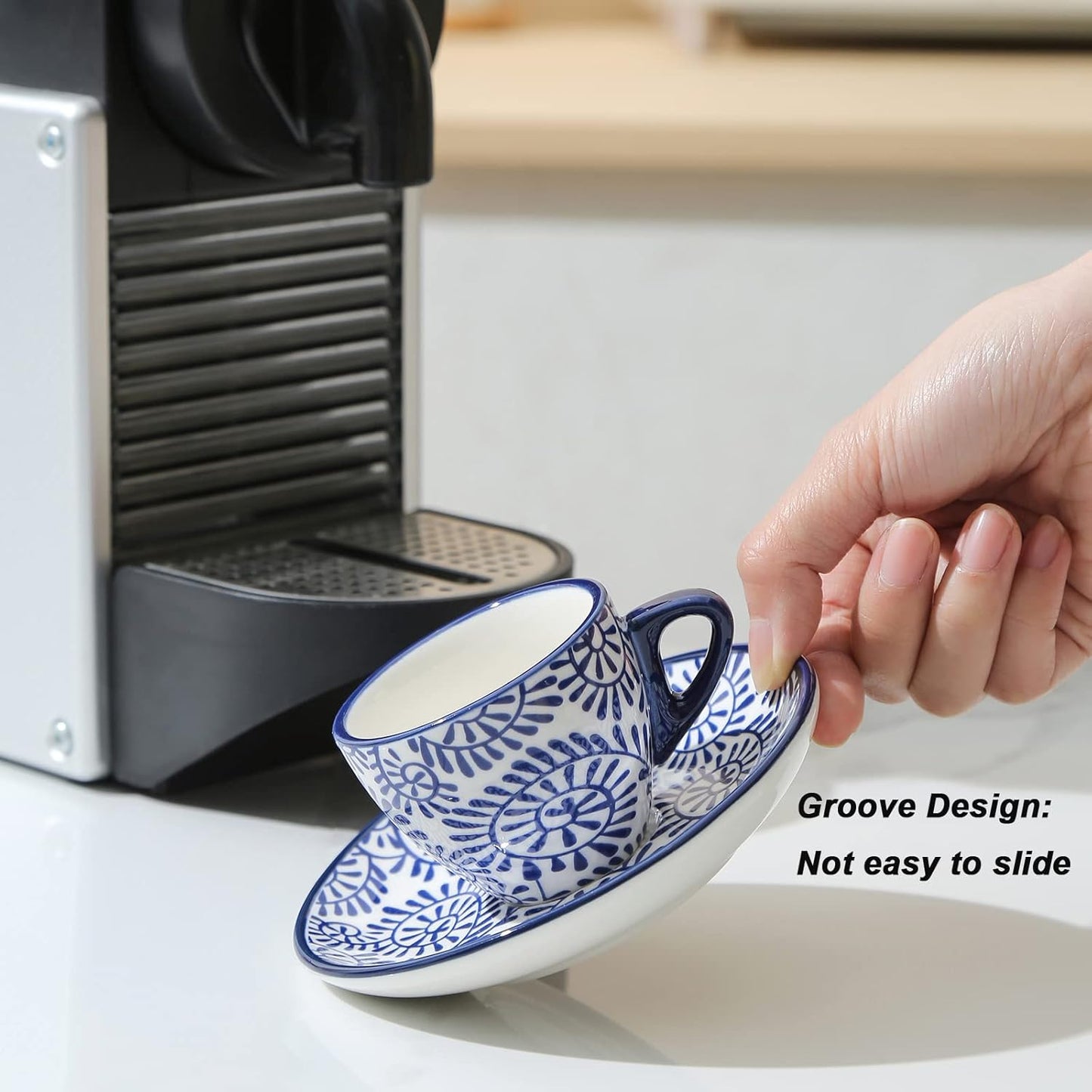 Selamica Ceramic 2 oz Espresso Cups, Small Expresso Coffee Cup Set with Saucers, Porcelain Mini Demitasse Cups for Latte Mocha Tea, Set of 6, Vintage Blue