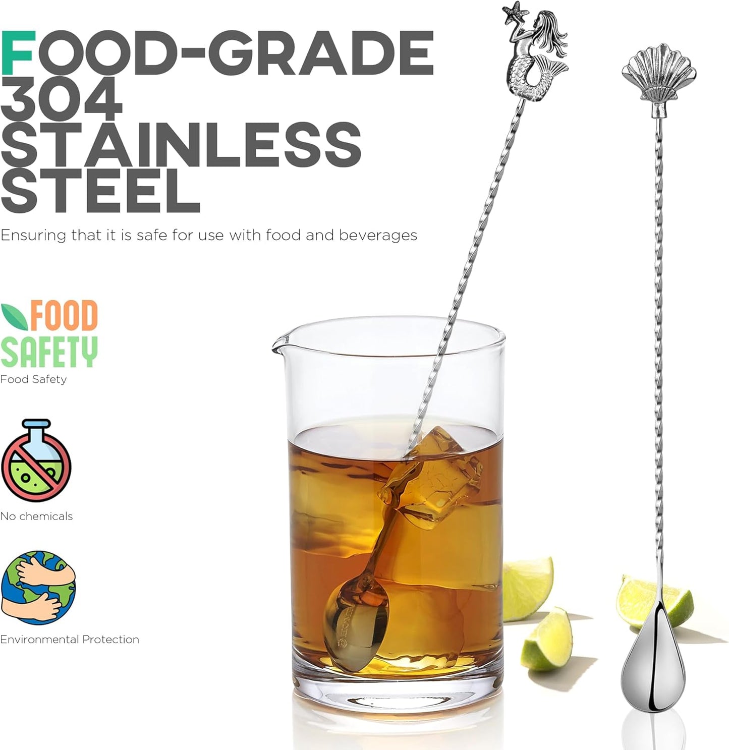 Homestia 12'' Cocktail Mixing Spoon Set, Food-Grade Stainless Steel Stirrer Spiral Pattern Bar Cocktail Shaker Spoon for Ice Cream Smoothies Juice Coffee Tea Drink (Mermaid, Shell Handle) - Set of 2